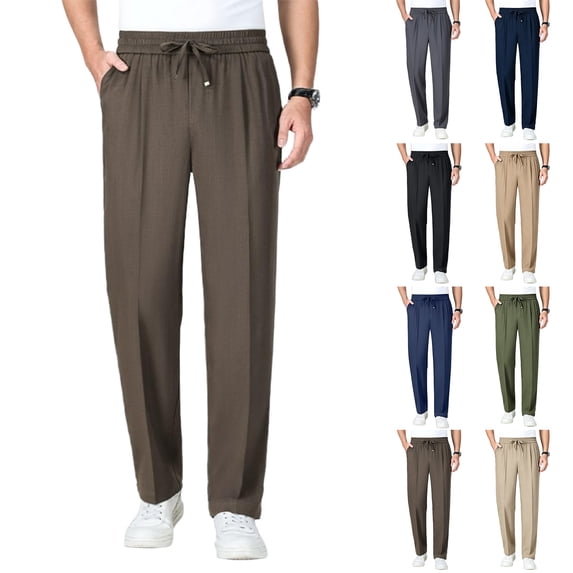 Men's Pull On Stretch Relaxed Fit Casual Pants - Comfy Stretch Breathable Pants for Men Over 50, L