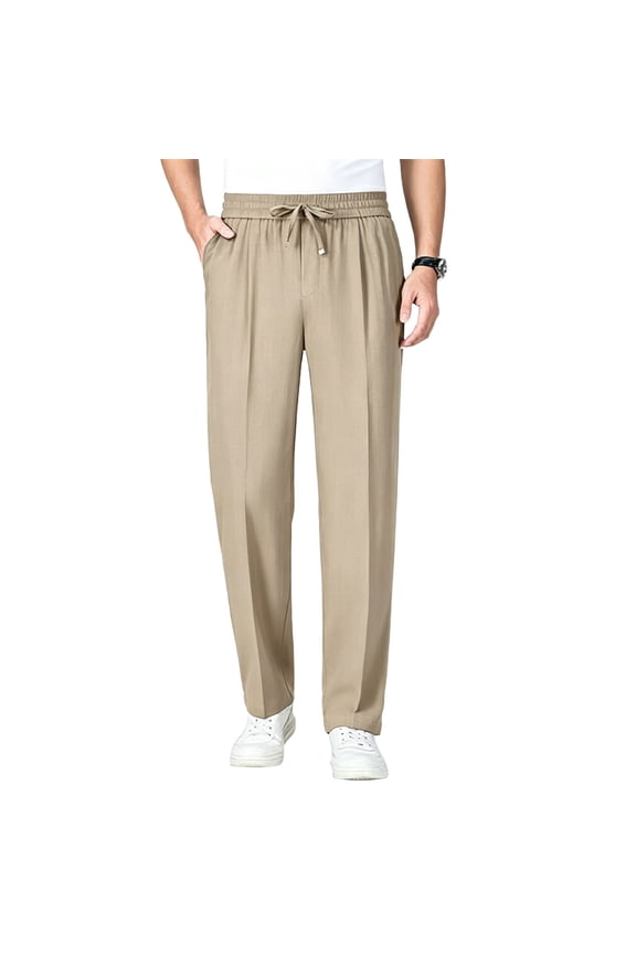 Men's Pull On Stretch Relaxed Fit Smart Casual Pants Comfy Stretch Breathable Pants for Men Khaki M
