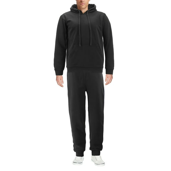 Men's Pull Over Fleece Gym Athletic Jogging Sports Sweat Suit 2 Piece Set (Black, S)
