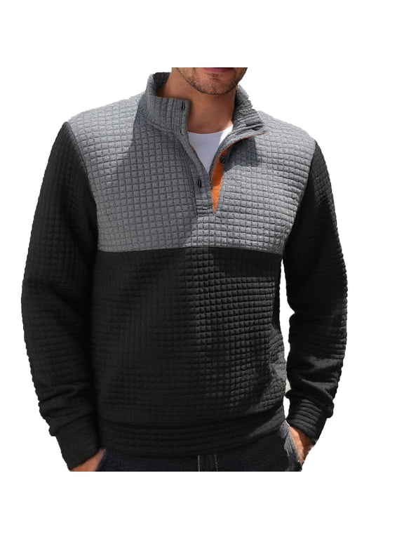 Men's Pullover Colorblock Trendy Waffle Knit Sweater Tops Long Sleeve Button up Casual Sweatshirts Fall Clothes (XL, Black)