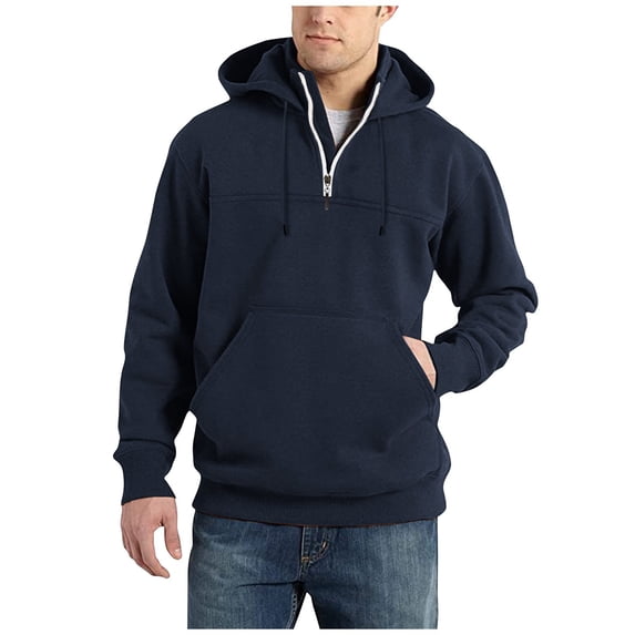 Men’s Pullover Hooded Sweatshirt with Half Zip Front Kangaroo Pocket and Adjustable Drawstring Hood Casual Fit Navy M