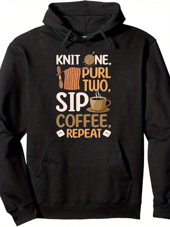 Men's Pullover Hoodie, "Knit One Purl Two Sip Coffee Repeat" Theme, Front Kangaroo Pocket, Adjustable Drawstring