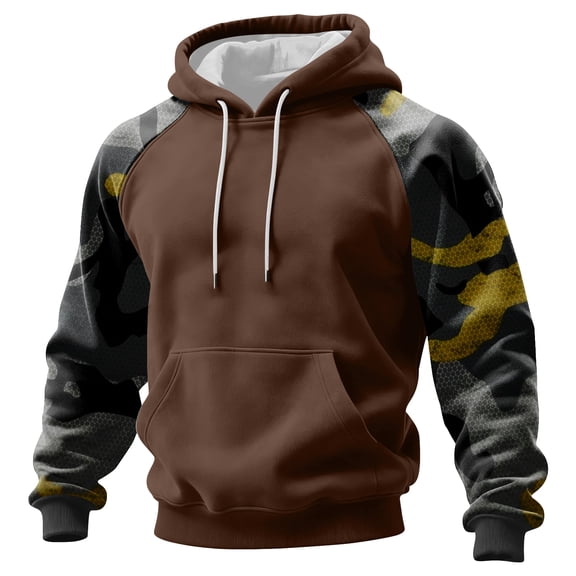 Men's Pullover Hoodie Long Sleeve Camouflage Print Raglan Sleeve Drawstring Hooded Sweatshirt Kangaroo Pocket Top Light Brown 3XL