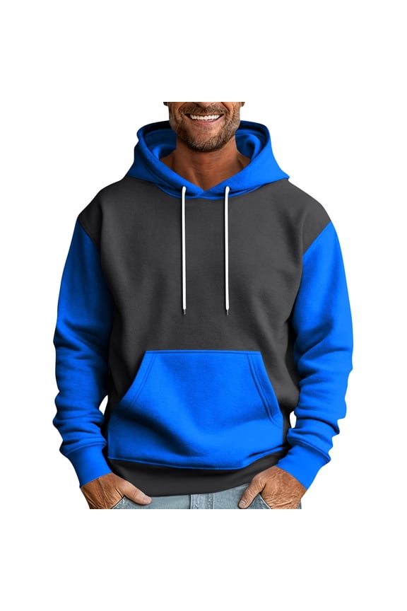 Men’s Pullover Hoodie Long Sleeve Drawstring Hooded Sweatshirt Kangaroo Pocket Casual Loose Fit Top Blue 2XL
