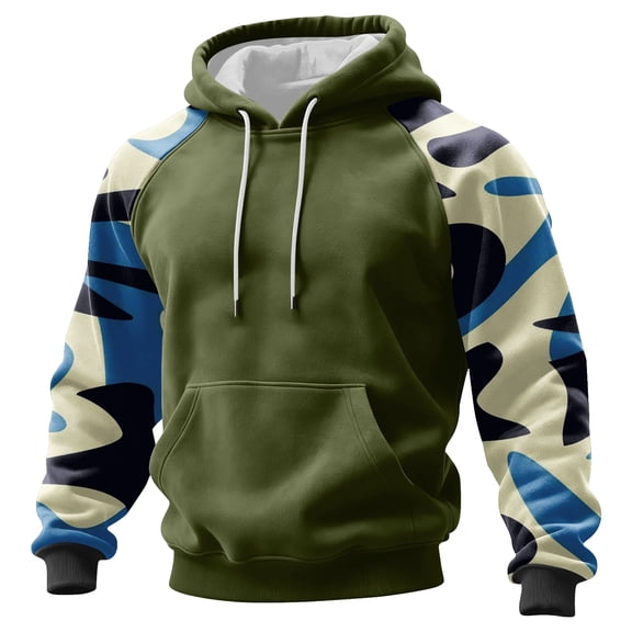 Men's Pullover Hoodie Long Sleeve Raglan Sweatshirt with Abstract Print Casual Loose Fit Kangaroo Pocket Green L