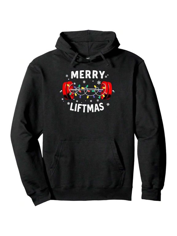 Men's Pullover Hoodie, Merry Liftmas Barbell Christmas Tree Lights Weightlifting Holiday Theme, Front Kangaroo Pocket, Adjustable Drawstring