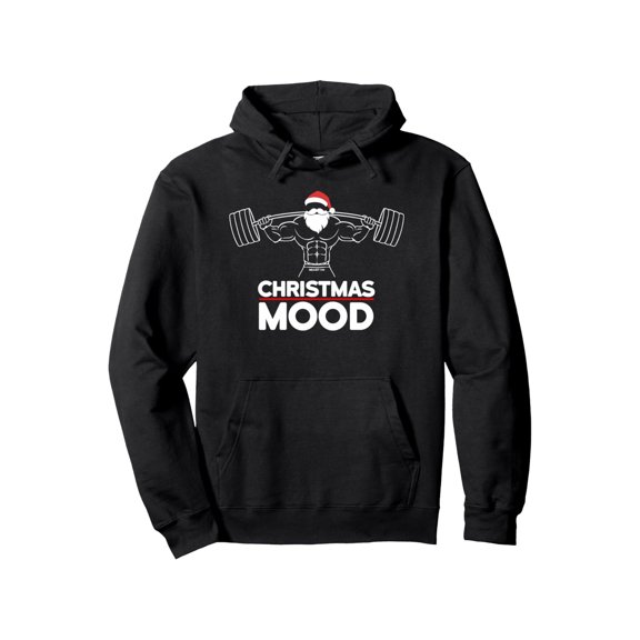 Men's Pullover Hoodie, Weightlifting Santa Fitness Christmas Theme, Front Kangaroo Pocket, Adjustable Drawstring