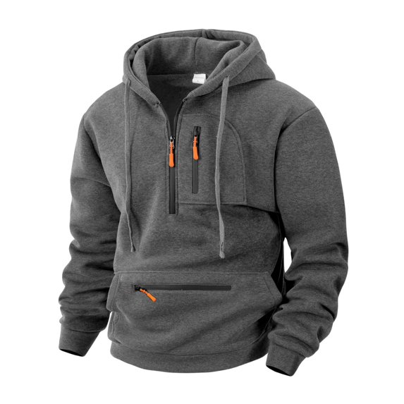 Men’s Pullover Hoodie with Adjustable Drawstring Hood and Multiple Zippered Pockets for Casual Outdoor Wear Dark Gray S