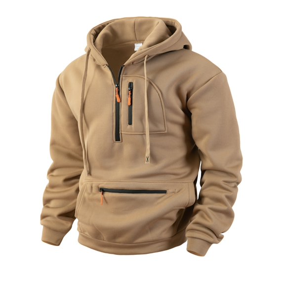 Men’s Pullover Hoodie with Adjustable Drawstring Hood and Multiple Zippered Pockets for Casual Outdoor Wear Khaki M