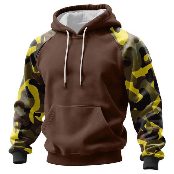 Men’s Pullover Hoodie with Camouflage Print Long Sleeve Drawstring Hooded Sweatshirt Casual Loose Fit Kangaroo Pocket Light Brown XL