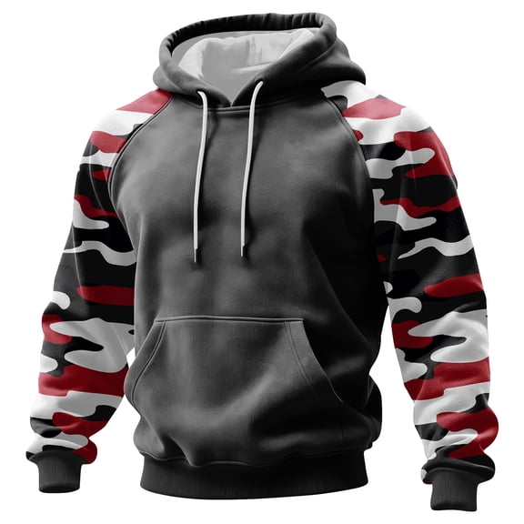 Men's Pullover Hoodie with Camouflage Print Raglan Long Sleeves Drawstring Hood and Kangaroo Pocket for Casual Wear Dark Gray L