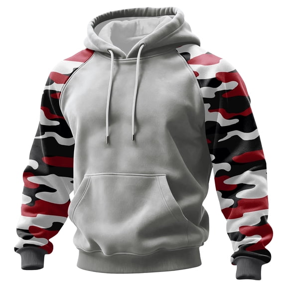 Men's Pullover Hoodie with Camouflage Print Raglan Long Sleeves Drawstring Hood and Kangaroo Pocket for Casual Wear Light Gray 2XL