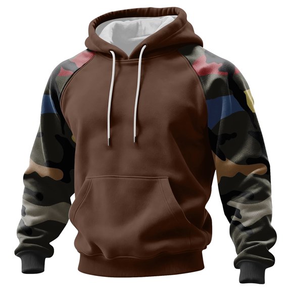 Men's Pullover Hoodie with Camouflage Print Raglan Sleeves Drawstring Hood and Kangaroo Pocket Casual Style Light Brown XL