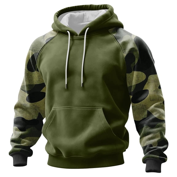 Men's Pullover Hoodie with Camouflage Print Raglan Sleeves and Adjustable Drawstring Hood Casual Fit Sweatshirt Top Green XL