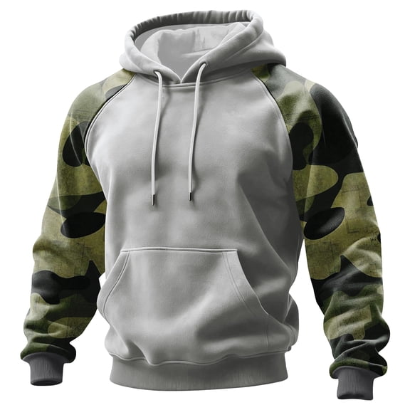 Men's Pullover Hoodie with Camouflage Print Raglan Sleeves and Adjustable Drawstring Hood Casual Fit Sweatshirt Top Light Gray L
