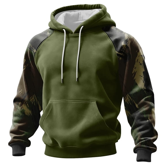 Men’s Pullover Hoodie with Camouflage Print Sleeves Adjustable Drawstring Hood and Front Kangaroo Pocket Casual Style Green L