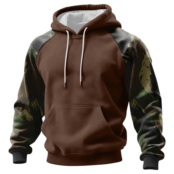 Men’s Pullover Hoodie with Camouflage Print Sleeves Adjustable Drawstring Hood and Front Kangaroo Pocket Casual Style Light Brown M