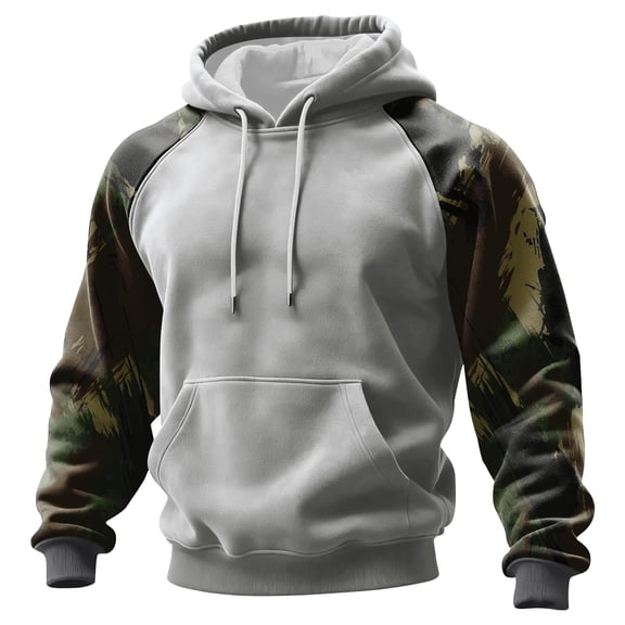Men’s Pullover Hoodie with Camouflage Print Sleeves Adjustable Drawstring Hood and Front Kangaroo Pocket Casual Style Light Gray L