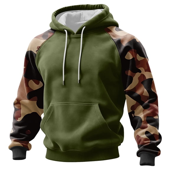 Men’s Pullover Hoodie with Drawstring Adjustable Hood and Camouflage Print Long Raglan Sleeves Kangaroo Pocket Green 2XL