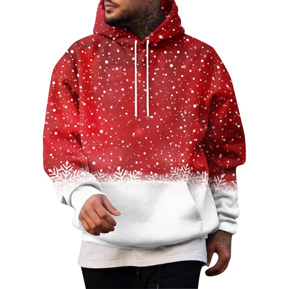 Men’s Pullover Hoodie with Drawstring Hood and Snowflake Print Casual Long Sleeve Sweatshirt for Everyday Wear Wine L