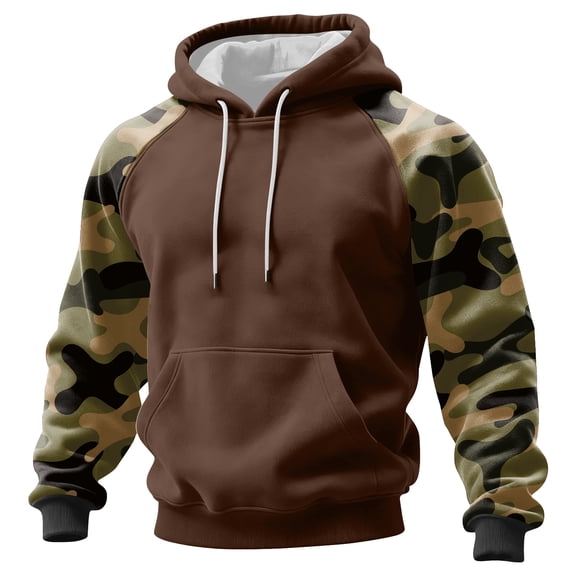 Men’s Pullover Hoodie with Raglan Camouflage Sleeves and Adjustable Drawstring Hood for Everyday Wear Light Brown M