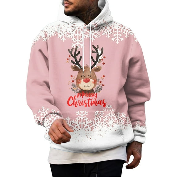 Men’s Pullover Hoodie with Reindeer and Snowflake Print Holiday Theme Long Sleeve Hooded Sweatshirt Casual Fit Pink L
