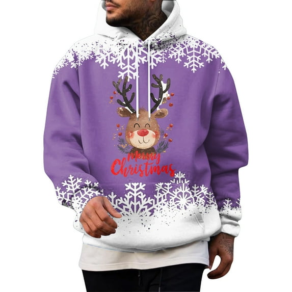 Men’s Pullover Hoodie with Reindeer and Snowflake Print Holiday Theme Long Sleeve Hooded Sweatshirt Casual Fit Purple L