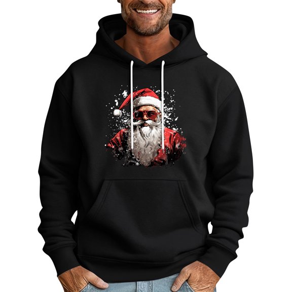 Men's Pullover Hoodie with Santa Claus Graphic Print Drawstring Hood Long Sleeve Kangaroo Pocket Casual Fit Sweatshirt Black 2XL