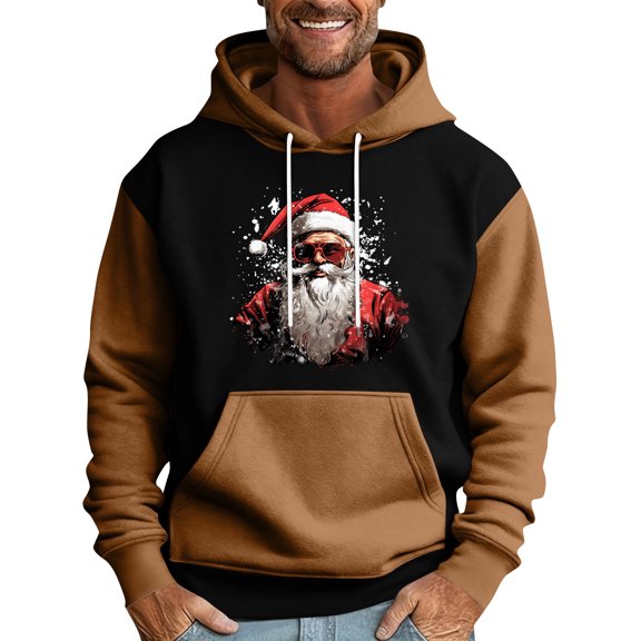 Men's Pullover Hoodie with Santa Claus Graphic Print Drawstring Hood Long Sleeve Kangaroo Pocket Casual Fit Sweatshirt Coffee M