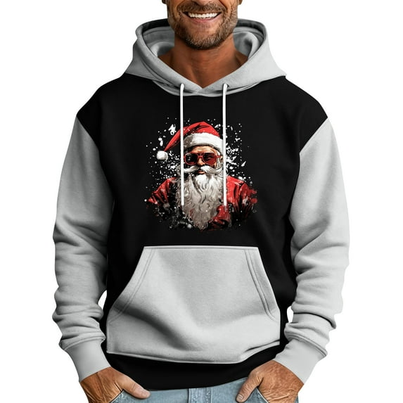 Men's Pullover Hoodie with Santa Claus Graphic Print Drawstring Hood Long Sleeve Kangaroo Pocket Casual Fit Sweatshirt Light Gray 3XL