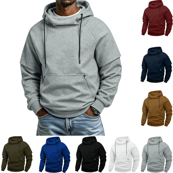Men's Pullover Hoodies Casual Solid Color Sweatshirt with Zip Pockets Athletic Lightweight Loose Fit Sweatshirts