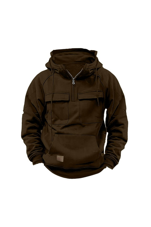 Men's Pullover Hoodies Clearance Solid Quarter Zip Cargo Sweatshirt Long Sleeve Hooded Multi Pockets Sportwear Tops Workout Gym Running Hoody Winter Outdoor Warm Jackets Casual Loose Sweaters S-3XL