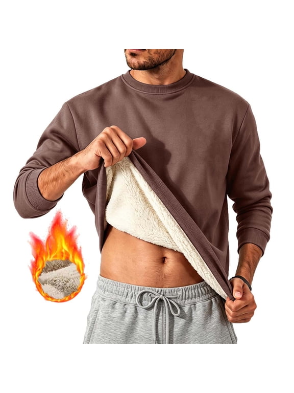 Men's Pullover Sherpa Fleece Lined Base Sweater Thermal Winter Tops Crewneck Long Sleeve Warm Solid Sweatshirt (XXS, Coffee)