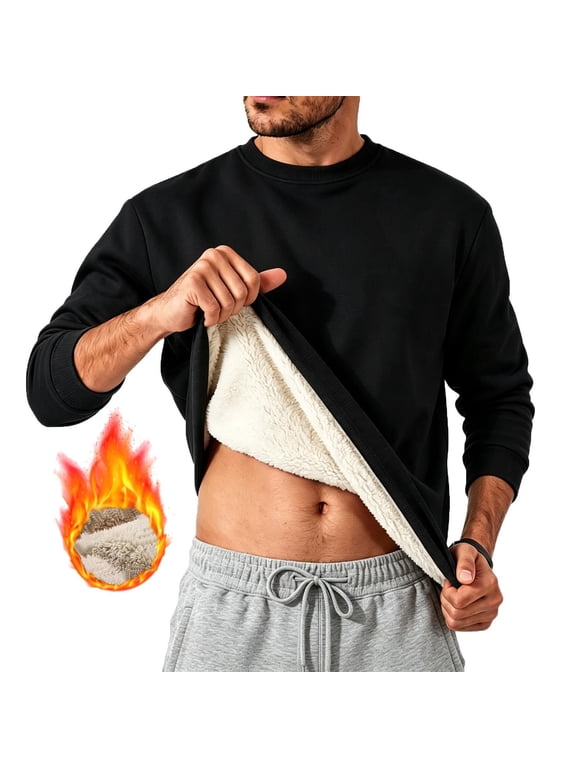Men's Pullover Sherpa Fleece Lined Crewneck Sweatshirt Thermal Warm Casual Winter Solid Long Sleeve Top, Black 2XL