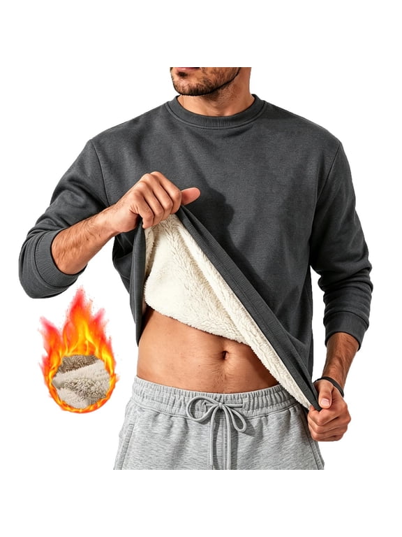 Men's Pullover Sherpa Fleece Lined Crewneck Sweatshirt Thermal Warm Casual Winter Solid Long Sleeve Top, Dark Gray L