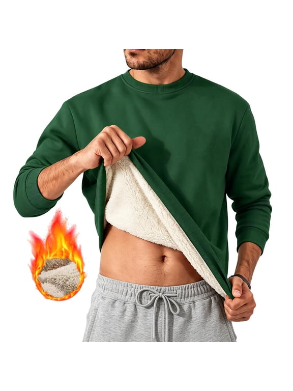Men's Pullover Sherpa Fleece Lined Crewneck Sweatshirt Thermal Warm Casual Winter Solid Long Sleeve Top, Green XS