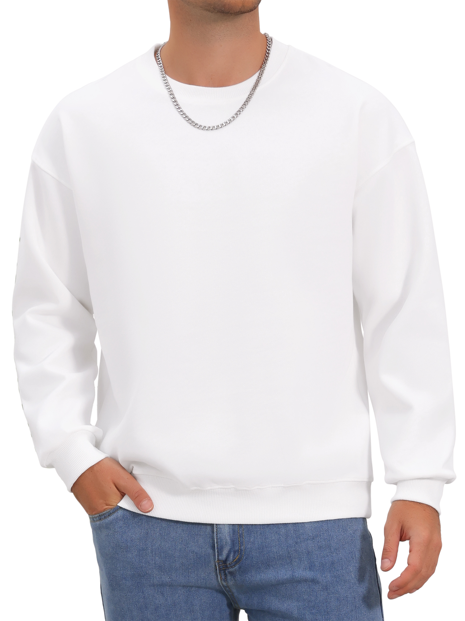 Men's Pullover Solid Color Crewneck Long Sleeve Gym Casual Sweatshirt L White