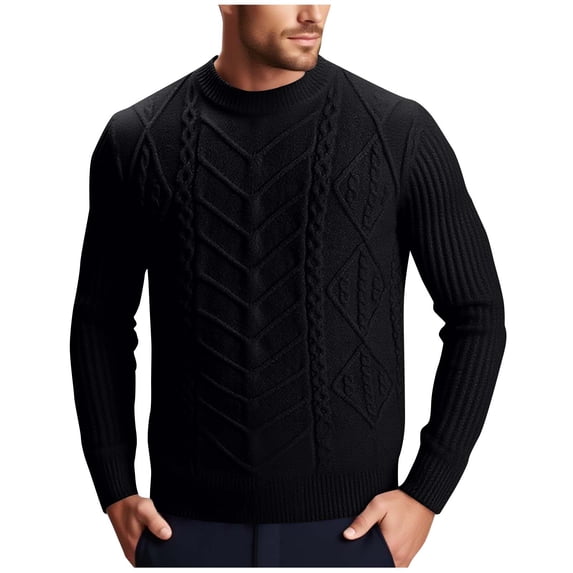 Men's Pullover Sweater Casual Crewneck Cable Knit Top Long Sleeve Classic Soft Knitted Sweaters with Ribbing Edge (XXL, Black)
