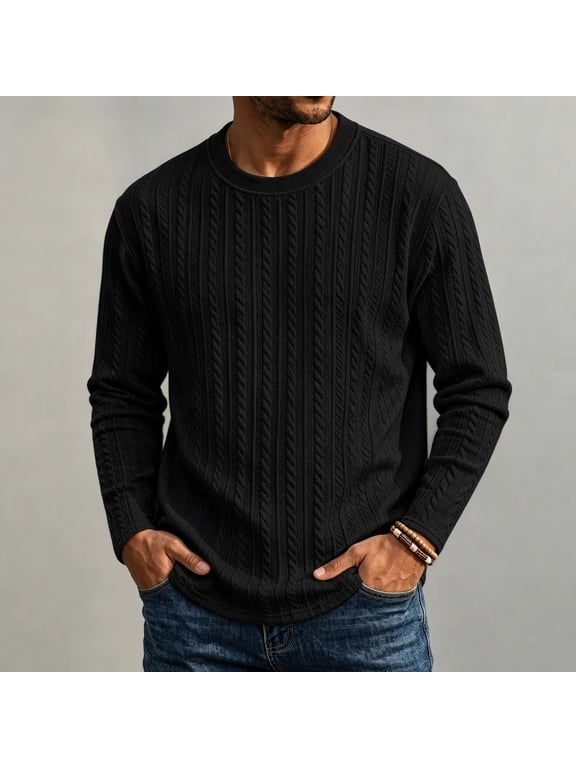 Men's Pullover Sweater Crewneck Cable Knit Long Sleeve Sweater Classic Soft Knitted Sweaters with Ribbing Edge