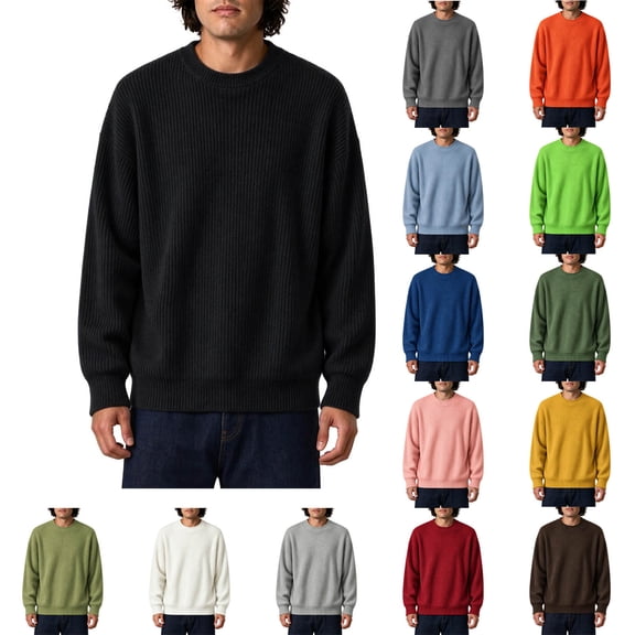 Men's Pullover Sweater Solid Casual Ribbed Knit Crewneck Sweatshirt Big Tall Fall Winter Long Sleeve Tops (XL, Black)