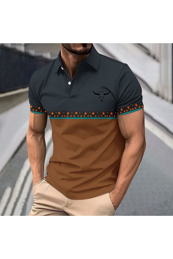 Men's Pullover With Buttons Two Tone Color Block Unique Printed Pattern Personalized Lapel Shirt