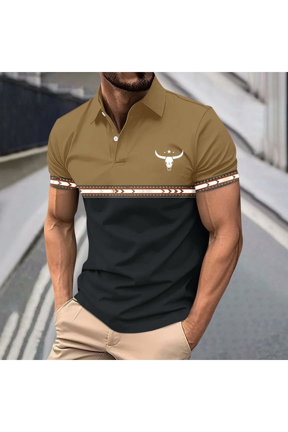 Men's Pullover With Buttons Up And Down Color Block Unique Printed Pattern Personalized Lapel Shirt Multiple Colors Available