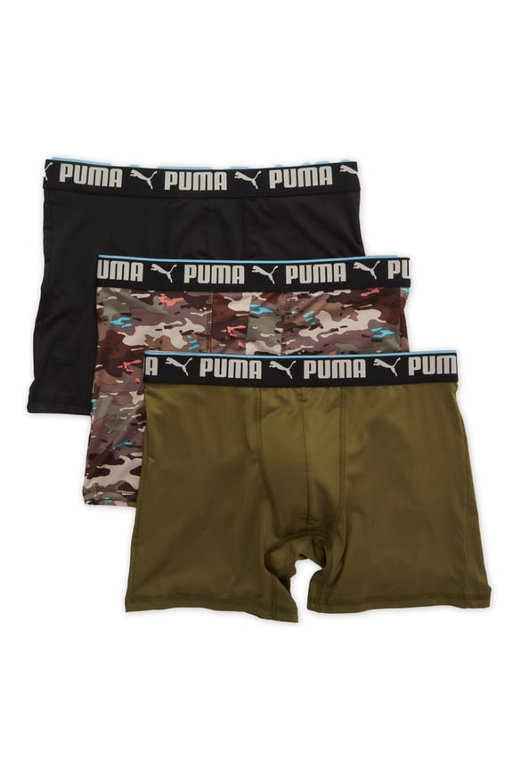 Men's Puma 15999 Sportstyle Camo Print Boxer Brief - 3 Pack (Green/Black/Camo S)