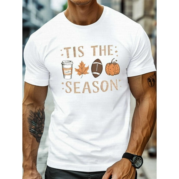 Men's Pumpkin Autumn Coffee Graphic Tee T Shirt Top for Fall Short Sleeve Round Neck White S-5XL