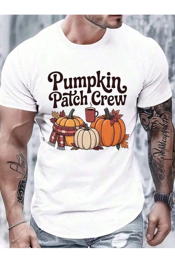 Men's Pumpkin Patch Crew Graphic T-Shirt - Black Fall Tee With Pumpkin Design, Soft Everyday Shirt For Halloween, Thanksgiving, Autumn Harvest Parties - Machine Washable Casual Crewneck Top