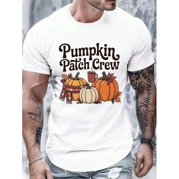 Men's Pumpkin Patch Crew Graphic T-Shirt - Black Fall Tee With Pumpkin Design, Soft Everyday Shirt For Halloween, Thanksgiving, Autumn Harvest Parties - Machine Washable Casual Crewneck Top