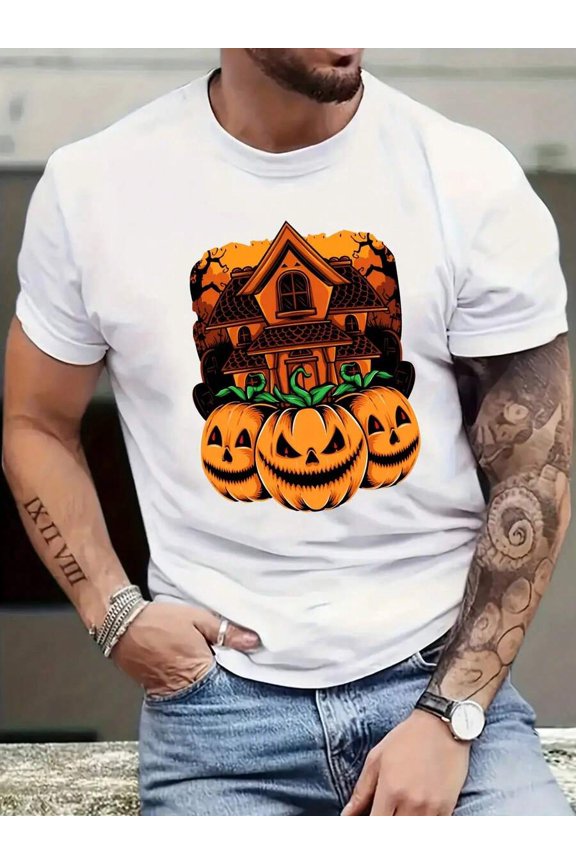 Men's Pumpkin Pattern T-Shirt, Casual Micro Elastic Breathable T-Shirt, Summer Outdoor Men's Clothing, Halloween Style
