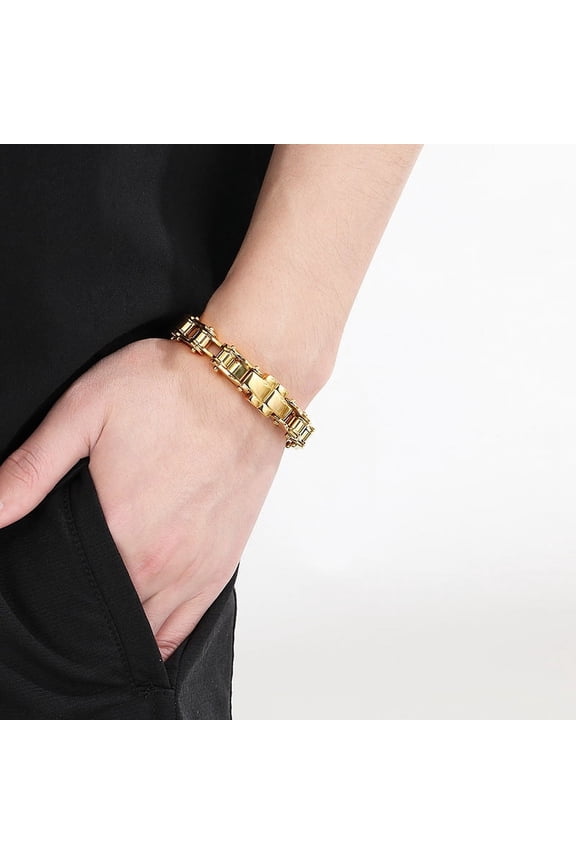 Men's Punk Rock 14K Yellow Gold Biker Bracelet 11MM Wide Motorcycle Link Chain Jewelry Accessory Bracelets for Men