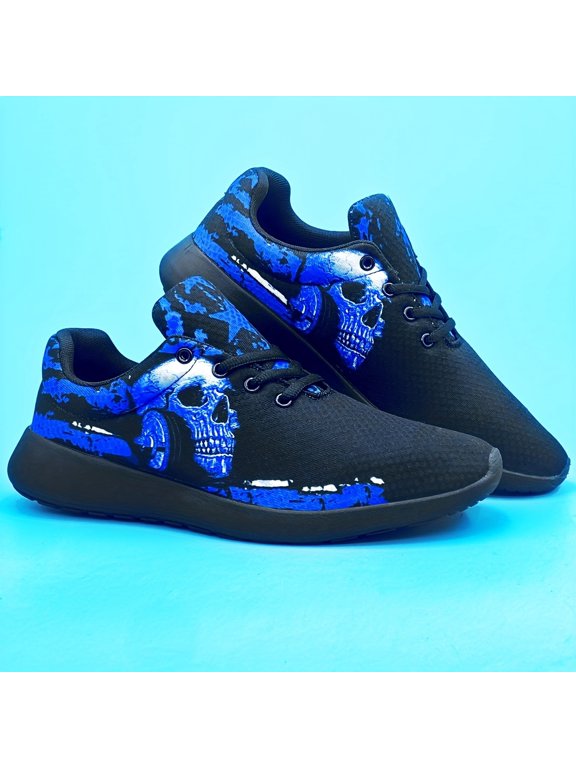 Men’s Punk Skull Print Sneakers, Breathable Lightweight Mesh Running Shoes with Cushioned Non-Slip Sole, Casual Streetwear Athletic Shoes for Walking Outdoor Travel
