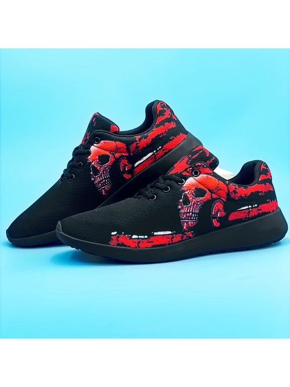 Men’s Punk Skull Print Sneakers, Breathable Lightweight Mesh Running Shoes with Cushioned Non-Slip Sole, Casual Streetwear Athletic Shoes for Walking Outdoor Travel